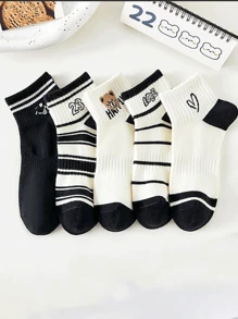 1/5 Pares Meias Curtas Casuais para Mulheres com Estampa de Coração, Urso de Pelúcia, Letra e Número, adequadas para uso no verão