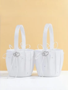 2 件套婚礼花篮和戒指枕套装，白色丝带花瓣篮，戒指架，适用于仪式桌装饰情人节