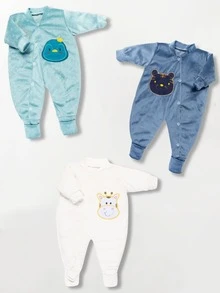 3 Piece Kit Ultra Soft 3D Embroidered Plush Jumpsuit For Boys And Girls - 寶藍色 - 查看 1