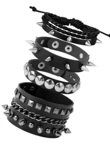 Yanxyad 朋克 PU 皮革男士手链套装、黑色朋克铆钉男女手链、骷髅铆钉星形链条手链、PU 皮革朋克手链、哥特黑色机车宽带可调节手镯腕带、哥特朋克男女手链及礼品 - 黑色 - 查看 6