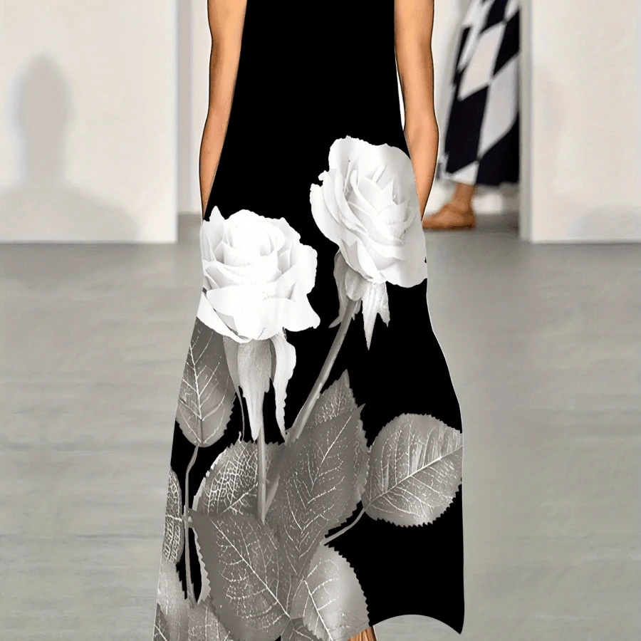 Local Warehouse- New Flower Print Dress A-Shaped Long Women'S Dress Vacation Casual Pocket V-Neck Sleeveless Dress - Màu hỗn hợp - Xem 1