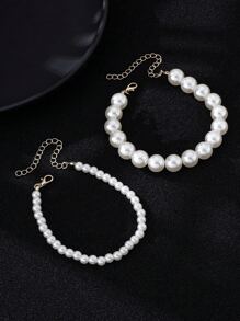 Conjunto de 2 tornozeleiras com contas de pérolas, tornozeleira moderna e minimalista com contas de pérolas falsas, tornozeleira pequena e grande com pérolas para uso na praia, para meninas e mulheres