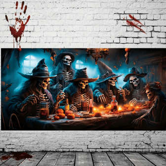 1 stuk Halloween Skelet Feest Garagedeur Breedte, Polyester Stof - Met Heksenhoed Schedel, Pompoendecoraties en Kaarslichtscène, Perfect voor Halloweenfeest, Spookdiner Evenementdecoratie