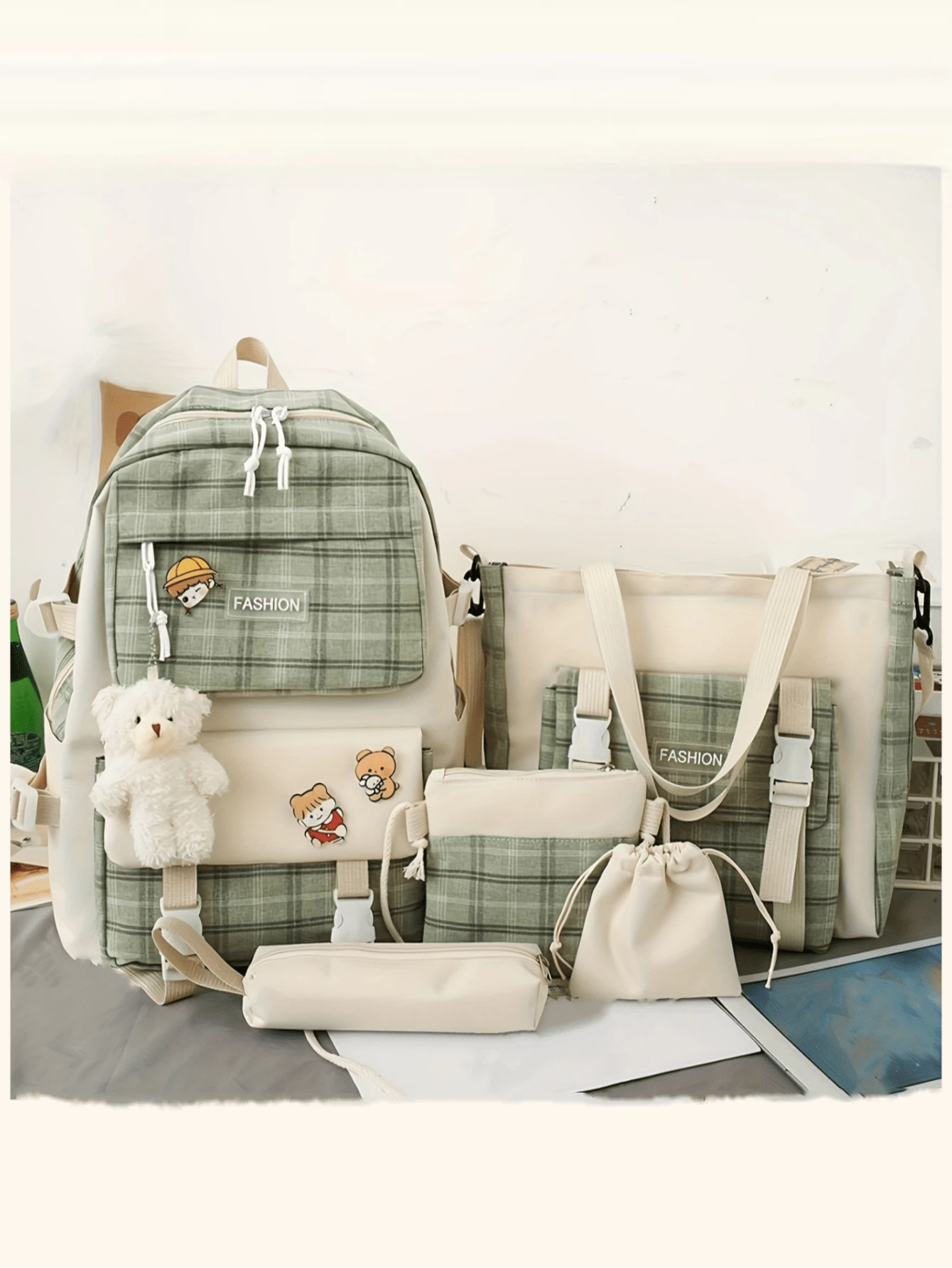 5pcs/Set Back-To-School Fashion Classic Plaid Colorblock Cute Large Capacity Backpack Set, Suitable For Various Occasions, Fashion School Backpack With Pencil Caseback To School Essentials, Bags For University, University Essentials - Green - View 1