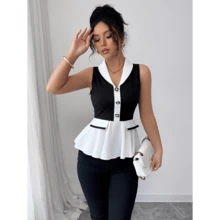Local Warehouse- Women's Elegant V-Neck Short Sleeve Blouse - Lightweight 100% Polyester With Black & White Contrast Trim, Machine Washable Regular Fit Shirt For Spring/Summer Casual & Office Wear, Cute Short Sleeve Tops, Summer Fashion, Durable Fabric - Bảng màu đen trắng - Xem 6