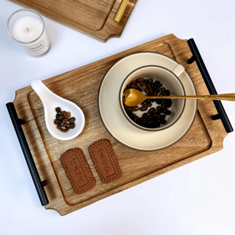 优雅的木质金属手柄户外野餐托盘 - 非常适合盛放咖啡、零食和食物 - 非常适合厨房、派对、餐厅和家居装饰，派对托盘 | 优雅的托盘 | 天然木质饰面，托盘