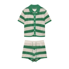 Ensemble 2 pièces DEEKA, nouveau style européen et américain pour le printemps et l'été : polo manches courtes tricoté doux et délicat, avec short taille haute