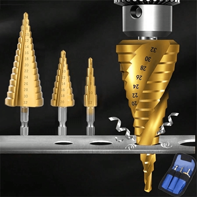 3pcs Drill Bits + 1pc Storage Bag, Titanium Coated HSS Stepped Drill Bit Set, Suitable For Wood And Metal - , Multifunctional And Efficient,Tool Accessories