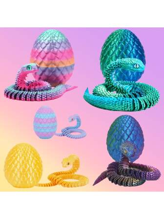 3D Printed Viper Snake, Dragon Egg Set, Festival Hot Seller, Movable Joints, Gift, 3D Printed Realistic Viper Snake Replica, Craft Decoration, Creative Figurine, Movable Joint Snake, Viper Snake Collectible, Ornament, Animal Model, Candy Color Snake (Note: Candy Color Is Random), Gold Yellow Snake, Blue-Green