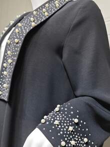 Black Shiny Crystal Studded Decorated Long Cardigan Abaya Dress For Women - Black - View 5