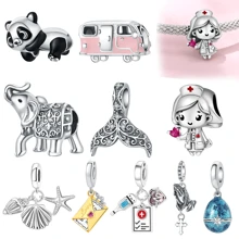 1 pieza Colgante plateado en plata con diseños de autocaravana rosa, estrella azul, cuentas con forma de corazón y enfermera, accesorio de manualidades DIY, joyería artesanal, apto para uso diario y fiestas