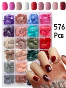 576pcs Short Square Press-On Nail Stickers, 24 Colors Soft Gel Nail Strips, Suitable For DIY Fake Nails, Minimalist & Versatile, 15 Sizes, For Women Nail Supplies - Multicolor - View 2