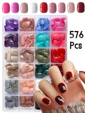 576Pcs Short Square Press On Nail,24 Colors Soft Gel Nail Tips,Used As False Nails For DIY,Simple And Versatile Style In 15 Sizes Suitable For Women