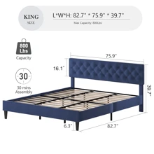 HOMBCK Estructura de cama tapizada con cabecero, estructura de cama de tela de lino con cabecero capitoné, sin somier, fácil montaje, tamaño individual/matrimonial/queen/king, beige/rosa/gris oscuro/gris/azul