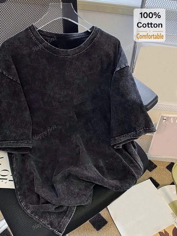 Vintage Printed Washed Black Short Sleeve T-Shirt For Women, Loose Fit Slimming Stylish Oversize Design