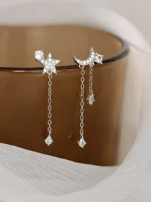 1pair Delicate S925 Sterling Silver & Zirconia Tassel Drop Earrings Suitable For Women's Daily Wear Wedding Engagement Bridal Jewelry Holiday