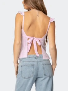 Women Y2K Plaid Babydoll Tank Tops Ruffle Hem Straps Square Neck Loose Fit Gingham Camisole Crop Tops Summer Backless Sleeveless Vests Shirts Cute Going Out Tops Vintage Aesthetic Clothes Streetwear - Hồng - Xem 2