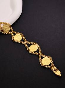 1 pieza Elegante brazalete ajustable para mujer con decoración de monedas vintage, de estilo casual con capas de moda