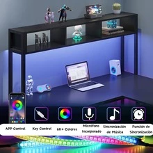 Escritorio en Forma de L, Escritorio reversible, Escritorio Gamer con Luces LED, Bandeja de Teclado y Bolsa de Almacenamiento para Oficina en casa, Negro - Negro - Ver 5