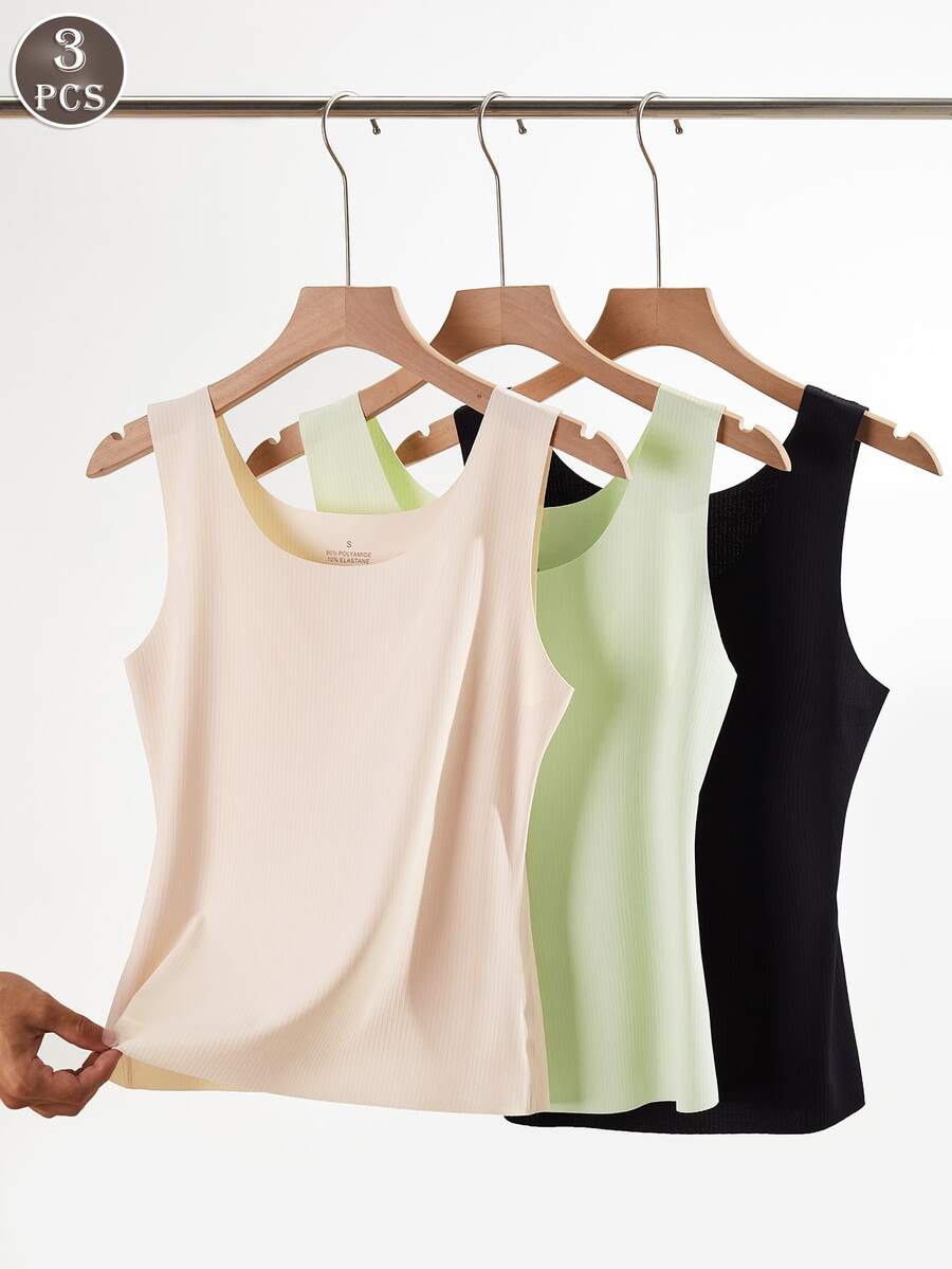 3件套女士春夏冰丝无缝条纹吊带背心，无袖圆领，宽肩带，时尚外套，舒适休闲打底衬衫背心 - 彩色 - 查看 1
