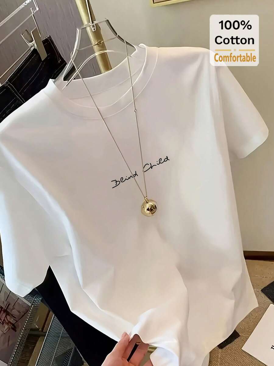 女士纯白色英文文字印花中长款T恤，时尚图案T恤衫 #3333 - 白色 - 查看 1