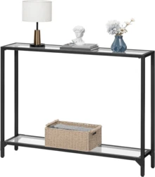 HOOBRO Console Table, 2-Tier Glass Console Table, Slim Hallway Table With 2 Shelves, 100 X 22 X 80 Cm, Tempered Glass Sofa Table, Modern Display Table For Living Room, Small Space - Black - View 7