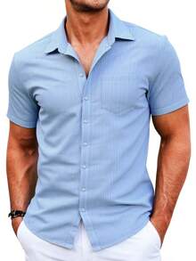 Men's Casual Hawaiian Shirt Short Sleeve Button Down Tropical Aloha Print Summer Beach Shirt Lightweight Textured Fabric - Light Blue - View 2