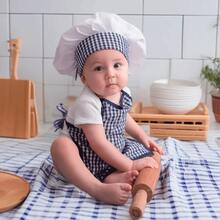 2PCS/Set Baby Chef Outfit Apron And Chef Hat Set Baby Photoshoot Props Chef Hat Apron Costume Newborn Photography Chef Costume Infant Cosplay Bakery Outfits - Navy Blue - View 7