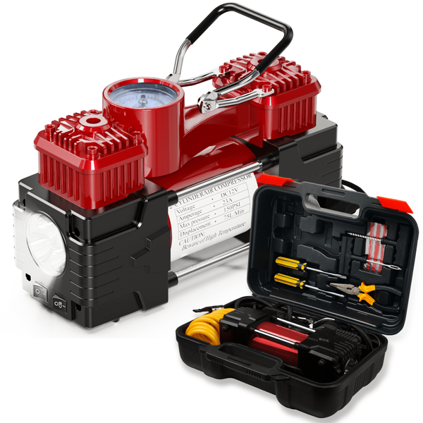 Compresor de aire portátil Meshuba, inflador de neumáticos con caja de herramientas, cilindro doble de uso pesado con luz de emergencia DC12V, bomba de neumáticos de 150 PSI con kit de reparación de neumáticos y caja de herramientas para automóvil, SUV, todoterreno, camión, bicicleta