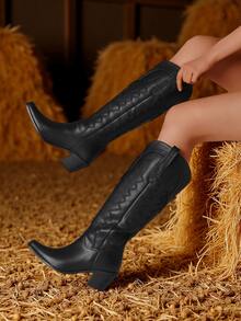 Botas vaqueras vintage para mujer, con punta puntiaguda, bordadas, sin cordones, de tacón medio, para festivales de música, bares, clubes, bodas, exteriores, botas altas hasta la rodilla.