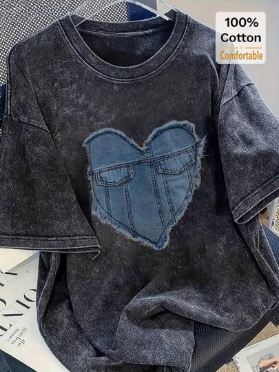 Vintage Washed Black Short Sleeve T-Shirt, Loose Fit, Stylish & Slimming, Oversized Design