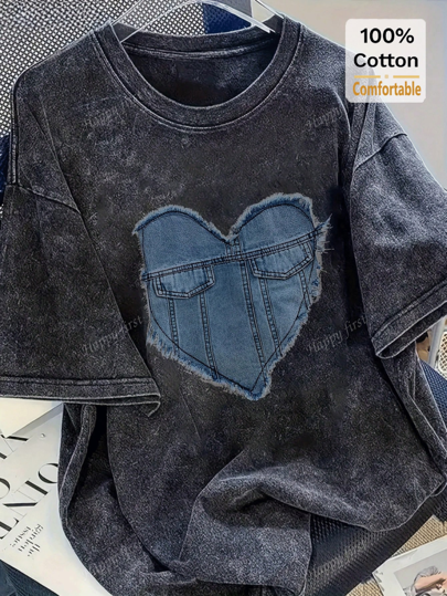 复古水洗黑色短袖T恤，宽松版型，时尚修身，超大设计