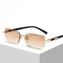 Retro Sunglasses Men Brand Designer Fashion Rimless Sun Glasses Shades Cutting Lens Ladies Frameless Eyeglasses - Tea_PURPLE - View 2