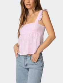 Women Y2K Plaid Babydoll Tank Tops Ruffle Hem Straps Square Neck Loose Fit Gingham Camisole Crop Tops Summer Backless Sleeveless Vests Shirts Cute Going Out Tops Vintage Aesthetic Clothes Streetwear - Hồng - Xem 3