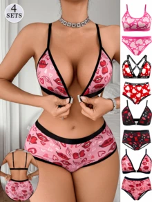 4 Sets Of Women's Sexy Bra Set, Love Colour Collision Fashion Sports Lingerie Set, Front Mouth Bra, Gathering Comfortable Soft Breathable, Low Waist Hip Triangle Panties, Fashionable And Elegant Set, Valentine's Day Limited - 彩色 - 查看 5