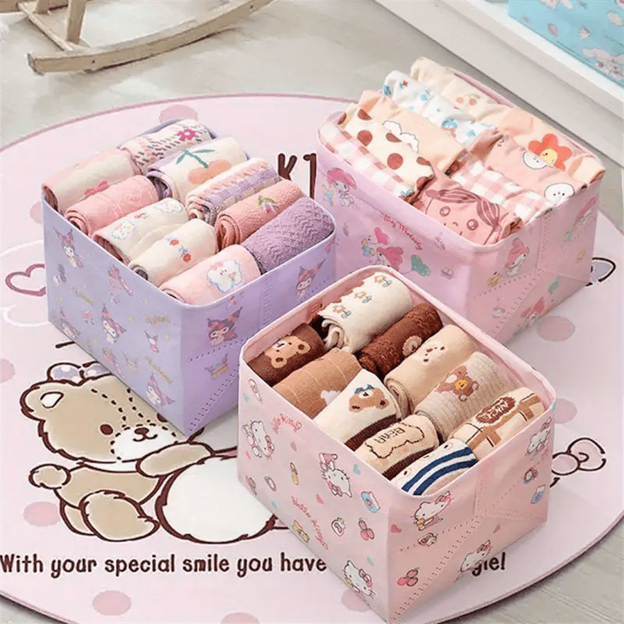 Sanrio [Authorized1pc Cute Hello Kitty Folding Box] 1pc Sanrio Hello Kitty & Friends Folding Storage Box Set - Cute Fabric Organizers For Socks, Clothes, Stationery In Mixed Colors With Kuromi & My Melody Designs - Ideal For Home & Office, Sock Drawer Organizer,Back To School Supplies, School Supplies, Office Storage Supplies, Desk Decorations, Office Supplies, New School Supplies