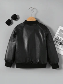 Tween Boy Fashionable & Versatile Motorcycle Style PU Leather Jacket, Boys Warm Thermal Lined Long Sleeve PU Coat For Autumn/Winter