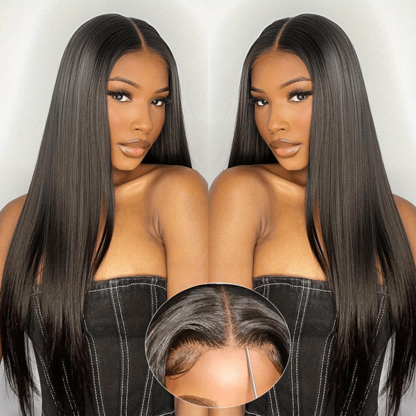 [Perruque en cheveux humains soyeux] Perruque lace closure droite brésilienne en cheveux humains sans colle de 20 pouces | Fermeture frontale en dentelle HD 4x4, pré-peignée et pré-découpée, densité de 180 %, prête à porter, fibre synthétique résistante à haute température mélangée avec des cheveux humains naturels noirs pour femmes