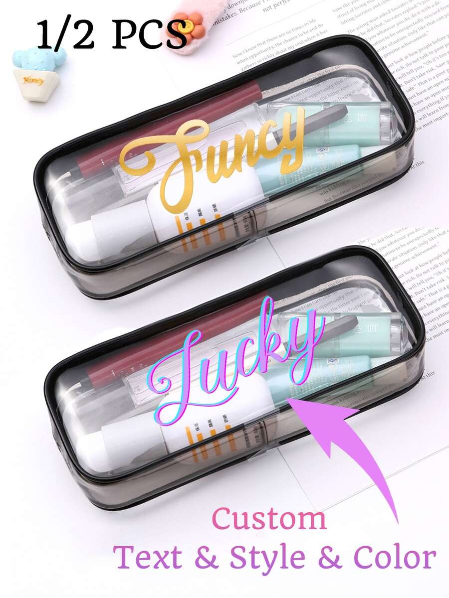 1/2pcs Customed Makeup Storage Bag With Name, Clear PVC Pencil Case, Travel Makeup Bag, Transparent Plastic Student Stationery Pouch With Large Capacity, Reusable And Washable, Travel Cosmetic Bag, Toiletry Travel Bag, Themed Beach Bag - Multicolor - View 1