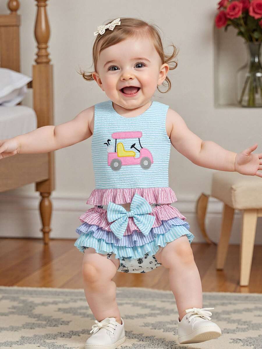 Ropa de verano para niñas pequeñas, conjunto de golf para niñas pequeñas, carrito de golf, bordado, sin mangas, con volantes, camisetas sin mangas, pantalones cortos de tutú a rayas, conjunto de ropa de verano - Verde - Ver 1