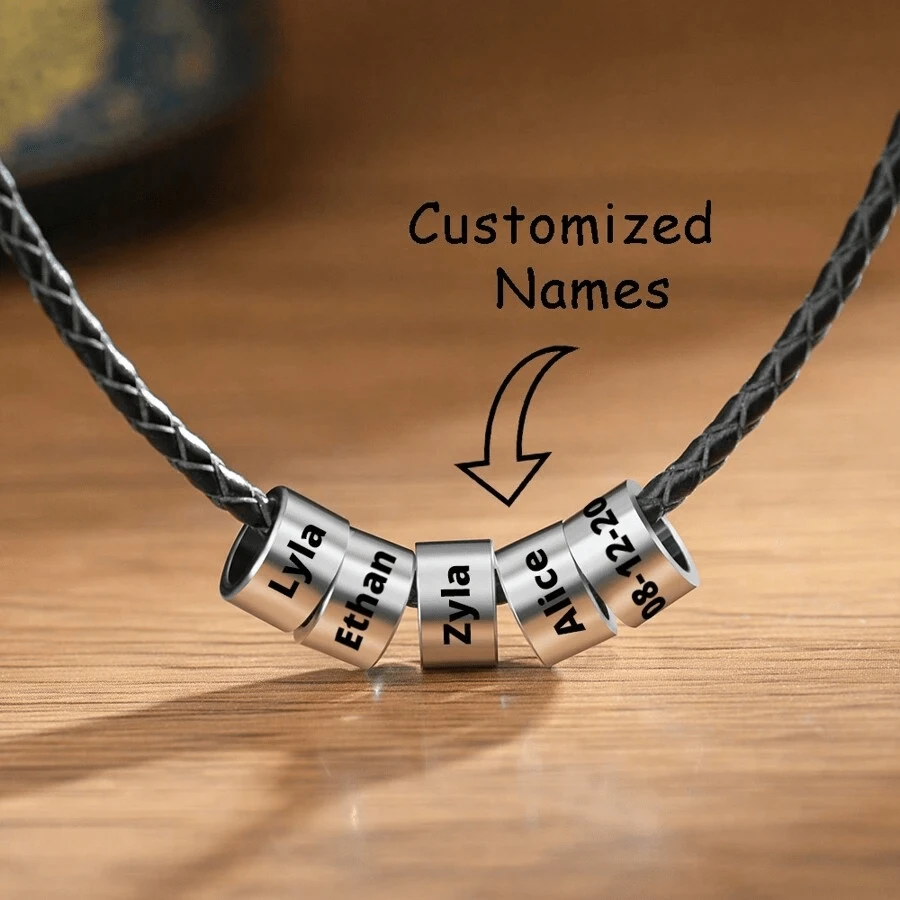 Custom Surname Necklace, 50cm Black Leather Chain, Stainless Steel Beads, Unisex Magnetic Pendant Necklace - Silver - View 1