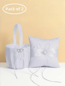 2 件套婚礼花篮和戒指枕套装，白色丝带花瓣篮，戒指架，适用于仪式桌装饰情人节