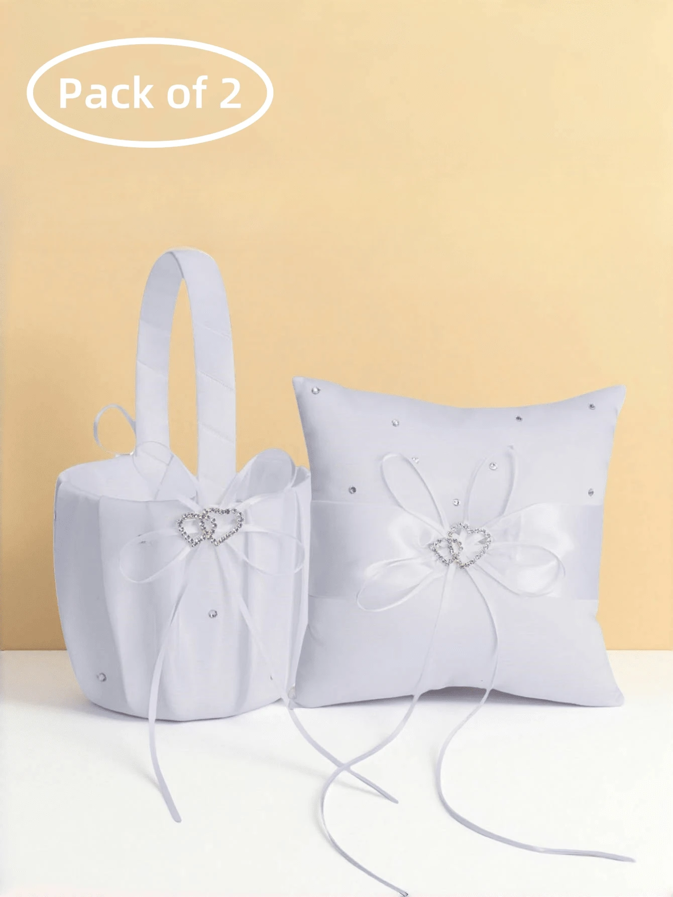 2 件套婚礼花篮和戒指枕套装，白色丝带花瓣篮，戒指架，适用于仪式桌装饰情人节