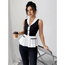 Local Warehouse- Women's Elegant V-Neck Short Sleeve Blouse - Lightweight 100% Polyester With Black & White Contrast Trim, Machine Washable Regular Fit Shirt For Spring/Summer Casual & Office Wear, Cute Short Sleeve Tops, Summer Fashion, Durable Fabric - Bảng màu đen trắng - Xem 7