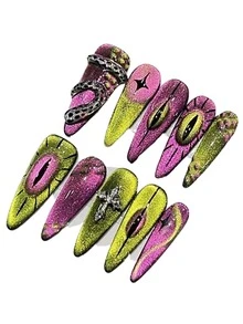 10 件超长尖头指甲，奢华荧光猫眼、桃色、粉色、绿色、黄色、恶魔眼、蛇形、五角星、十字手工指甲贴，适合日常佩戴，可重复使用粘性指甲贴套装，含 1 件指甲缓冲垫，按压式指甲，美甲用品，美甲 - 彩色 - 查看 2