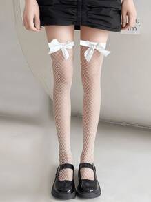 1 Pair Bow Half-Length Fishing Net Socks, Summer Thin Lolita Over-The-Knee Socks, Sexy Lace Large Mesh Silk Socks