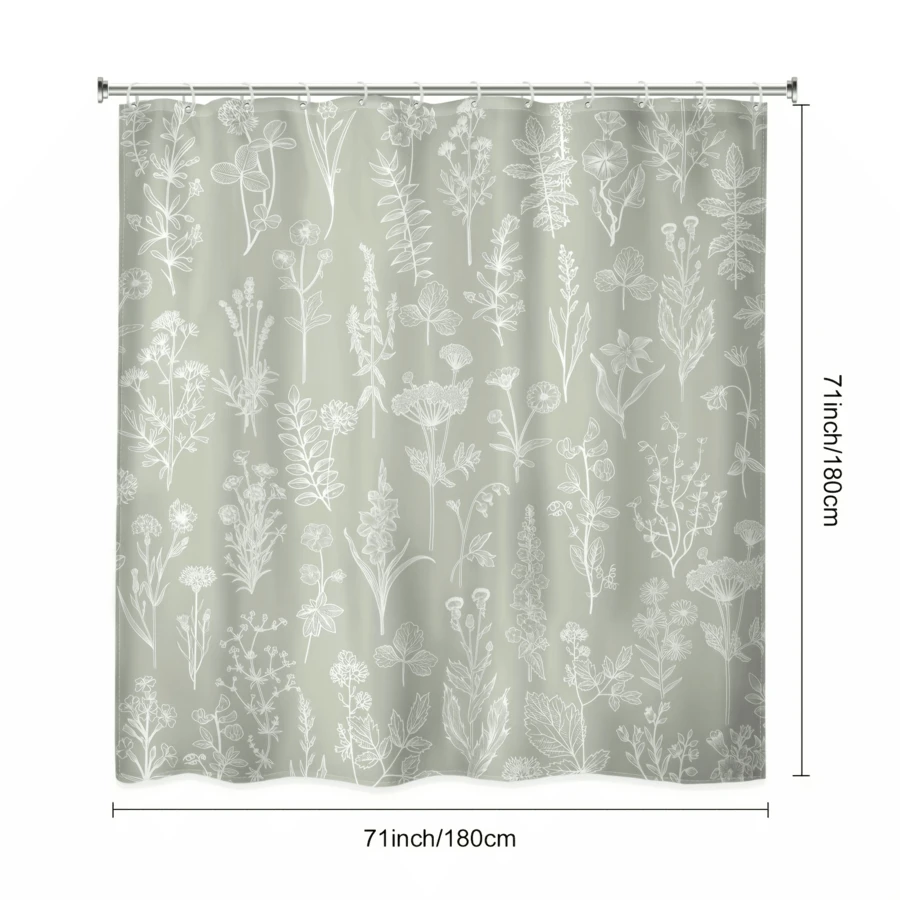 1 件 - 绿色鼠尾草花卉浴帘，乡村风野花叶复古植物草本自然 12 钩浴帘，家居装饰礼物返校
