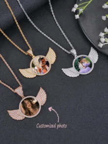 Personalized Rhinestone Studded Angel Wings Photo Necklace | Custom Photo Necklace | Hip Hop Photo Pendant | Iced Custom Round Photo Pendant,Gold,Silver,Stylish,Colorful,Vintage,Unisex,Hipster,Simple,Casual,Custom,Personalized,Unique,Ideal Gifts For Him,Ideal Gifts For Her,Her,Boyfriend,Girlfriend,Dad,Mom,Family,Friends,For Anniversaries,For Birthdays,For Graduation,For Prom,For Party,Jewelry Women,Elegant Outfit,Delicate Romance,Silver Stylish - Multicolor - View 3
