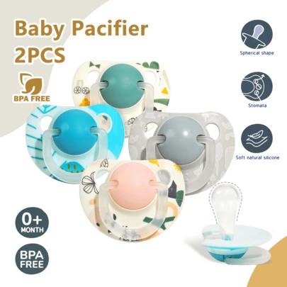 2个卡通印花奶嘴，0-36个月，圆形硅胶奶嘴，1岁以上助眠，防胀气奶嘴，带大透气孔，适合日常使用