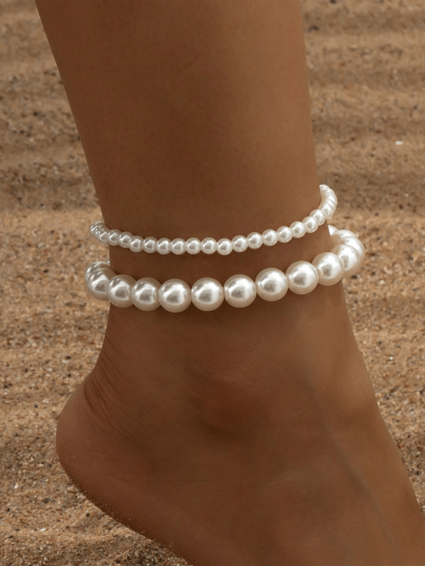 2pcs Set Fashionable Minimalist Large Faux Pearl/Artificial Pearls Baroque Anklet, Women's Foot Jewelry, Gift For Vacation